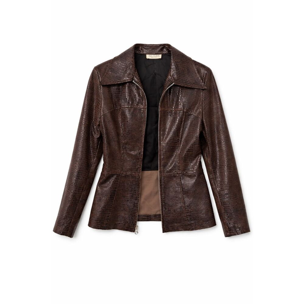 Hailee USA Brown Croc Embossed‎ Jacket Vintage Small Y2K Zip Up Faux Leather